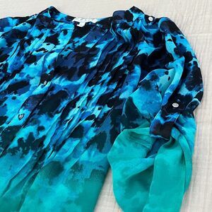 Watercolor Ombre Pattern Button Blouse Turquoise Navy Blue Beach Artsy Small Med